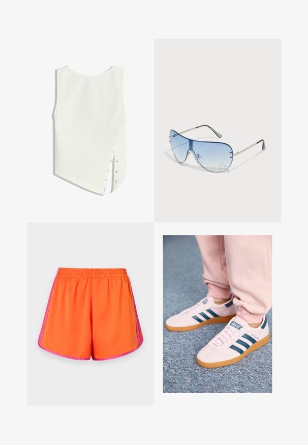 Bela brezrokavna majica z zaobljenim izrezom, asimetričnim robom in bočnimi pritisnimi gumbki za zapiranje. Gladek, lahkoten material.; Svetlosivi športni šort s svetlo oranžno barvo in raztegljivim pasom, z roza stranskimi črtami in gladkim, lahkim tkaninom.; Svetlo roza semiš teniske s temno modrimi usnjenimi črtami in gumo podplatom. Značilnosti vključujejo ravne vezalke ter znamko na strani in jeziku.; Pilotne sončne očala z gradijentnimi modrimi lečami, srebrnim kovinskim okvirjem in okrasnimi zvezdastimi detajli na lečah. Gladek in eleganten dizajn.