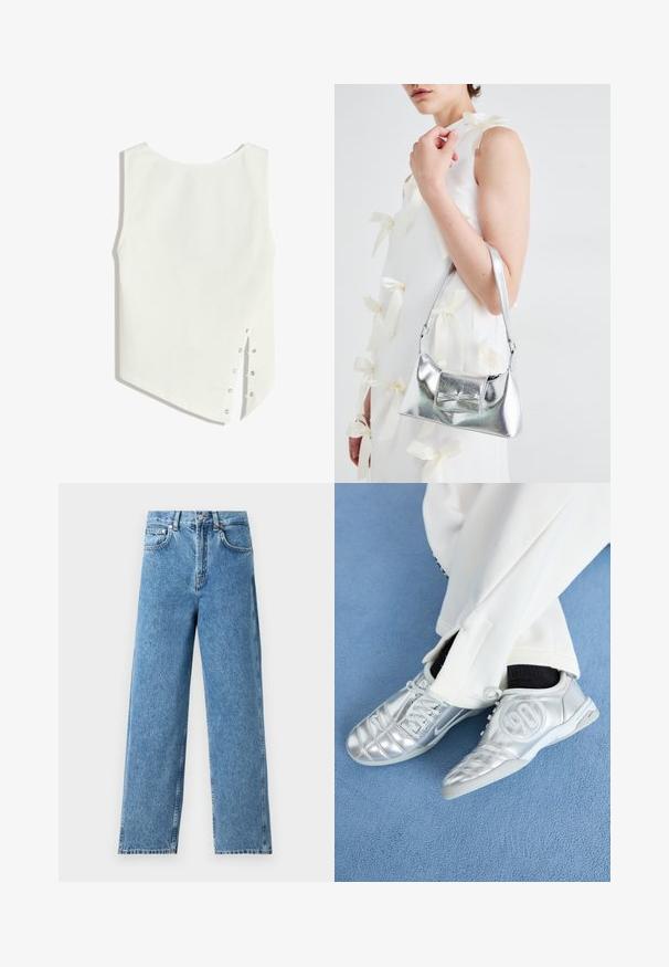 Bijela bezrukava majica sa okruglim izrezom, asimetričnom ivicom i dugmadima sa strane za zatvaranje. Glatka, lagana tkanina.; Svijetloplavi ravni traperice izrađene od denima, s visokim strukom, zatvaranjem na gumbe sprijeda i pet džepova s vidljivim šavovima.; Srebrne atletske tenisice s glatkom, sjajnom površinom, koje imaju šivani dizajn i broj 90 sa strane, u kombinaciji s bijelim hlačama.; Srebrna metalik torbica sa strukturiranim oblikom, s gornjom drškom i detaljem mašne sprijeda. Glatka tekstura, reflektirajući finiš.