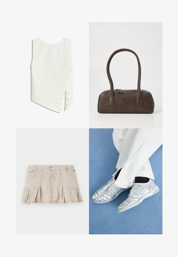 Haut sans manches blanc avec un décolleté arrondi, un ourlet asymétrique et des boutons-pression sur le côté pour la fermeture. Tissu lisse et léger.; Jupe mini en lin beige avec un design plissé, fermeture à boutons à l'avant et deux poches latérales. Présente une texture légère et un style décontracté.; Des chaussures de sport argentées avec une finition lisse et brillante, présentant un design cousu et le numéro 90 sur le côté, assorties à un pantalon blanc.; Sac à main en cuir marron avec deux poignées robustes, de forme rectangulaire, texture lisse et fermeture zippée. Design minimaliste sans motifs visibles.