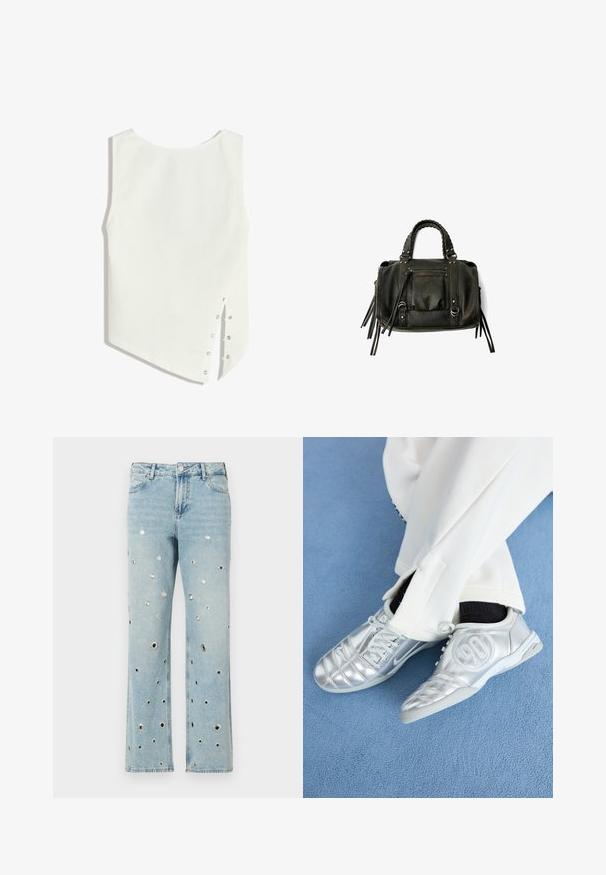 White sleeveless top with a rounded neckline, asymmetric hem, and snap fasteners on the side for closure. Smooth, lightweight fabric.; Light blue denim jeans with wide legs, featuring multiple circular metal grommets throughout. Classic five-pocket design.; Silver athletic shoes with a smooth, shiny finish, featuring a stitched design and the number 90 on the side, paired with white pants.; Black leather handbag with braided handles, zipper pocket, and hanging tassels. Textured surface with metal studs and hardware accents.