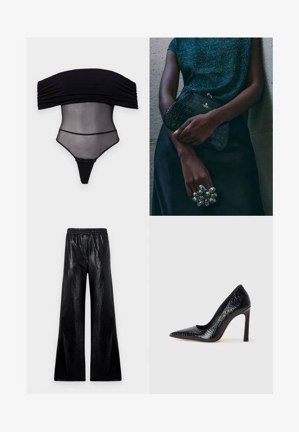 Undress Code Felső - black; Fényes fekete anyagból készült bővitt lábú nadrág, rugalmas derékkal. Az anyag sima textúrájú és enyhe fényességű.; Fekete hegyes orrú magassarkú cipő krokodilbőr textúrával, letisztult dizájnnal, magas tűsarkú és sima fekete belső résszel.; Fekete krokodilbőr mintázatú válltáska ezüst hardware-rel, egy texturált szürke háttér előtt tartva. Fényes felülettel rendelkezik.