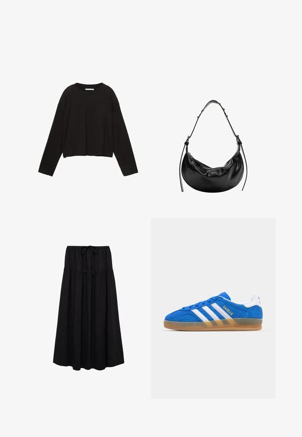 Črna dolgorasna skrajšana srajca iz mehkega bombaža. Ima okroglo izrez in ohlapen kroj z spušenimi rameni. Brez vidnih vzorcev ali akcentov.; Črna midi krila z nabiranimi plastmi, teksturirano blago in pasom na zategovanje.; Modre semiš tene z belimi črtami in besedilom "Gazelle". Imajo gumijast podplat in strukturirane dodatke na zgornjem delu. Klasična zasnova.; Črna usnjena torbica crescent oblike, gladke teksture in nastavljivim trakom, z diskretnimi kovinskimi detajli. Vidna zadrga za zapiranje.