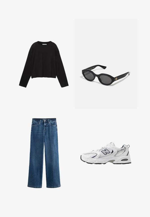 Černá dlouhá rukávová zkrácená halenka vyrobená z měkké bavlny. Má kulatý výstřih a volný střih s kleslými rameny. Žádné viditelné vzory nebo akcenty.; Modré široké džíny v denimové látce, s vysokým pasem, pěti kapsami, jemným vyblednutím, zapínáním na knoflík a kontrastním prošíváním.; Bílé sportovní boty s textilním svrškem, námořnickými akcenty a polstrovanou podrážkou. Obsahují logo "N", tkaničky a texturovaný detail na boku.; Černé oválné sluneční brýle s tmavými skly a lesklým plastovým rámem. Obsahují zlaté logo na straně, které poskytuje elegantní a moderní design.; Černá kožená kabelka se strukturovaným designem, se zlatým kulatým logem, horní rukojetí a odnímatelným ramenním popruhem.