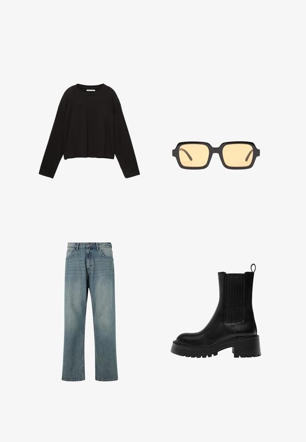 Musta pitkähihainen lyhyt paita, joka on valmistettu pehmeästä puuvillasta. Ominaisuuksia ovat pyöreä kaula-aukko ja väljä istuvuus, jossa on roikkuvat olkapäät. Ei näkyviä kuvioita tai yksityiskohtia.; Vaaleansiniset farkut suoran leikkauksen, viiden taskun muotoilun, kontrastivärisen ompelun ja klassisen vyötärön kanssa, jossa on nappisulku.; Musta nahkasaapas nilkkapituisilla, paksulla pohjalla, teksturoiduilla sivupaneeleilla ja vetotopilla. Ominaisuuksia ovat sileä pinta ja pyöreä kärki.; Mustat suorakulmaiset aurinkolasit keltaisilla linsseillä, kevytrakenteinen kehys ja erottuvat tylppäpäät tempuissa. Sujuva, kiiltävä pinta.; Musta nahkainen käsilaukku, jossa on kuun muotoinen rakenne, sileä pinta ja säädettävä hihna, sekä huomaamaton metallitarvikkeet. Vetoketju on näkyvissä.