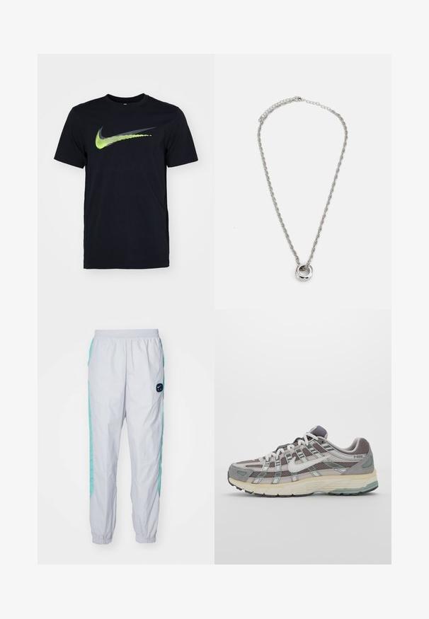 Černé tričko s krátkým rukávem vyrobené z bavlny, s velkým zeleným a šedým logem Nike na přední straně a kulatým výstřihem.; Bílé tepláky s světle akvamarínovým bočním panelem, elastickým pasem, nařasenými náplety a kulatým černým logem na pravém stehně.; Šedá sportovní obuv s vrchní částí z mikrovlákna a semiše, bílými akcenty, polstrovanou podrážkou a jedinečným designem s reflexními prvky.; Stříbrný kovový náhrdelník se zkroutým řetězem a kulatým přívěskem s leštěným povrchem.