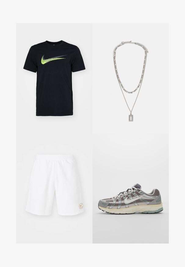 Melnā īsām piedurknēm T-kreklā, kas izgatavots no kokvilnas, uz priekšpuses ir liels zaļš un pelēks Nike logo, ar apaļu kakla izgriezumu.; Baltie sporta šorti ar elastīgu jostu, izgatavoti no gludas auduma, ar mazu oranžu Nike Air logo labajā apakšējā stūrī.; Pelēkie sporta apavi ar tīkla un zamša augšdaļu, baltiem akcentiem, mīkstinātu zoli un izcilu dizainu ar atstarotājiem.; Sudraba kaklarota ar divām slāņainām ķēdēm; satur taisnstūra piekariņu ar gludu virsmu, kas izceļas ar spīdīgu metāla apdari.