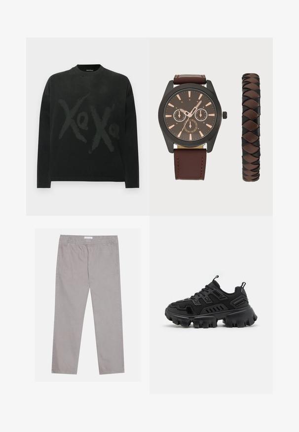 Črna bombažna majica z dolgimi rokavi, z velikim napisom „Xo“ v nekoliko svetlejši odtenek, okrogel izrez in sproščen kroj.; Svjetlosive pamučne hlače s elastičnom pogačicom, dva bočna džepa, ravni kroj nogavica i glatka tekstura. Jednostavni detalj šivanja.; Črne športne copate z teksturirano gumijasto podplatom, plastnimi oblikovalskimi elementi in ojačanimi detajli. Imajo vezalke in zanko na peti.; Pier One SET - Ura - black/brown
