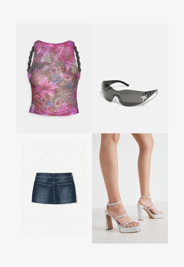Čipkasti top s cvjetnim uzorkom u ružičastim, ljubičastim i zelenim nijansama. Ima crne čipkaste naramenice i šarene rhinestone ukrase sprijeda.; Denim mini suknja s tamnoplavim pranje, dizajnom s pet džepova, rastrganim rubom i uskim krojem s ravnim pojasom.; Srebrne sandale na visokoj peti s remenčićima oko gležnja, teksturirani materijal, široka blok petа i podešavanje pomoću kopči.; Crne sunčane naočale s dizajnom koji se obavija oko glave, tamno obojeni leće, sjajni akcenti u obliku zvijezda i podesive nosače.; Crna kožna torba za rame s teksturiranom završnom obradom, s naglaskom na lanac, podesivim remenom i detaljima od srebra.