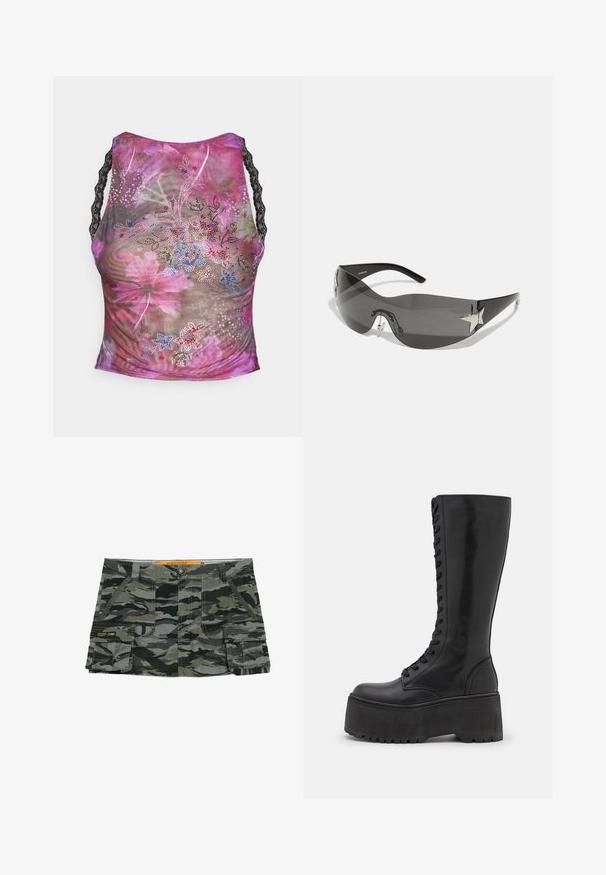 Top sin mangas de malla floral en tonos de rosa, púrpura y verde. Presenta tirantes de encaje negro y adornos de strass coloridos en la parte frontal.; Pantalones cortos con estampado de camuflaje en tonos de gris y verde, con cierre de botón, bolsillos laterales y una etiqueta de marca en el muslo.; Zign LEATHER - Botas con cordones - black; Gafas de sol negras con diseño envolvente, lentes oscuros, acentos brillantes en forma de estrella y almohadillas nasales ajustables.; Bolsa de tela negra con un patrón texturizado y acolchado. Forma redondeada, asas cortas y gruesas, y una estructura blanda y flexible.