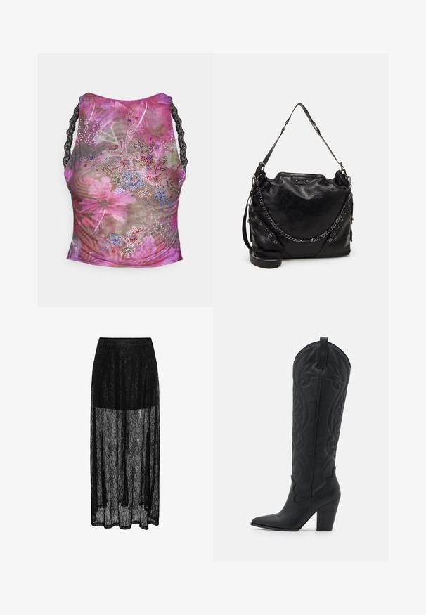 Top sin mangas de malla floral en tonos de rosa, púrpura y verde. Presenta tirantes de encaje negro y adornos de strass coloridos en la parte frontal.; Falda maxi de encaje negro con una capa transparente, con un patrón floral y una cintura elástica para mayor comodidad. Silueta larga y fluida.; Zign Botas camperas - black; Bolso de hombro de cuero negro con un acabado texturizado, que cuenta con un acento de cadena, una correa ajustable y detalles en hardware plateado.