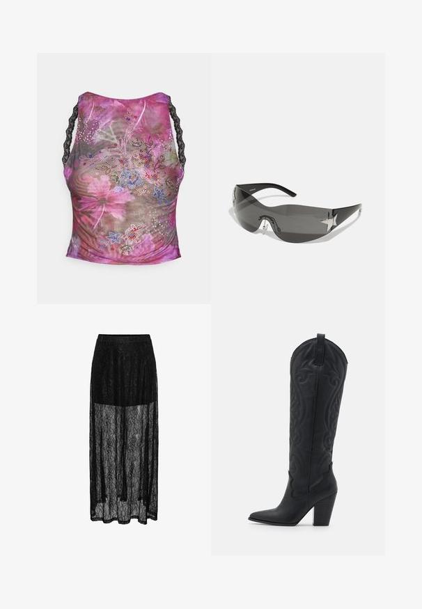 Gėlėmis puošta tinklinė tankų su rožinėmis, violetinėmis ir žaliomis atspalviais. Savybėje - juodos nėriniai ant petnešėlių ir spalvingi kristalų akcentai priekyje.; Juodas nėrinių maksi sijonas su permatomu sluoksniu, puoštas gėlių raštu ir elastingu juosmeniu patogumui. Ilgas, plačiai krentantis siluetas.; Zign Kaubojiški / motociklininko stiliaus batai - black; Juodos saulės akinius su apvaliu dizainu, tamsiai tonuotais lęšiais, blizgančiais žvaigždės formos akcentais ir reguliuojamomis nosies pagalvėlėmis.; Juoda odinė petinė rankinė su tekstūruotu paviršiumi, turinti grandinėlės akcentą, reguliuojamą diržą ir sidabro spalvos detales.