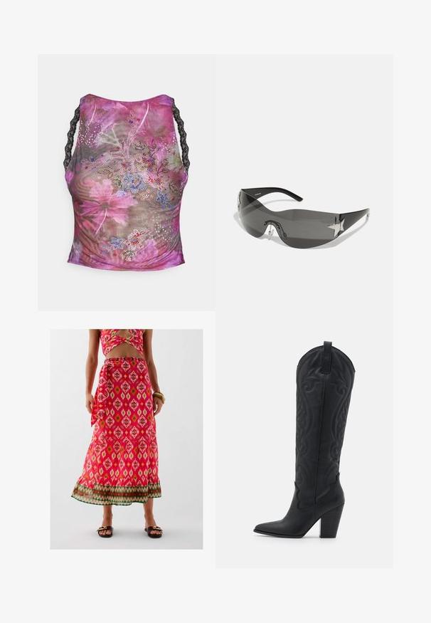Bloemige mesh tanktop in roze, paars en groene tinten. Heeft zwarte kanten bandjes en kleurrijke strasstenen versieringen aan de voorkant.; Maxi-strik met bloemenpatroon in het roze, met een gerimpelde zoom en groene accenten. Gemaakt van lichte stof met een gestrikte sjaal detaillering.; Zign Cowboy-/Bikerlaarzen - black; Zwarte zonnebril met een wrap-around ontwerp, donkergetinte glazen, glanzende stervormige accenten en verstelbare neussteunen.