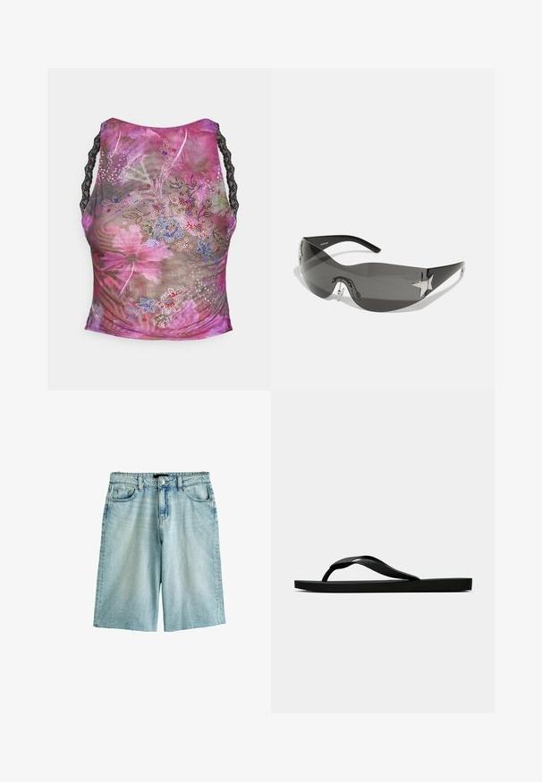Top sin mangas de malla floral en tonos de rosa, púrpura y verde. Presenta tirantes de encaje negro y adornos de strass coloridos en la parte frontal.; Pantalones cortos de mezclilla azul claro con un corte relajado, que cuentan con un cierre de botón, pasadores para cinturón y bolsillos delanteros y traseros. Tejido texturizado, acabado desgastado.; Chancla de goma negra con una tira de dedo texturizada y una suela plana sencilla, vista de lado sobre un fondo claro y liso.; Gafas de sol negras con diseño envolvente, lentes oscuros, acentos brillantes en forma de estrella y almohadillas nasales ajustables.; Bolso de mano de cuero negro con forma curva, adornado con tachuelas plateadas a lo largo de la costura. El modelo lleva una camiseta de tirantes a rayas y pantalones cortos negros.