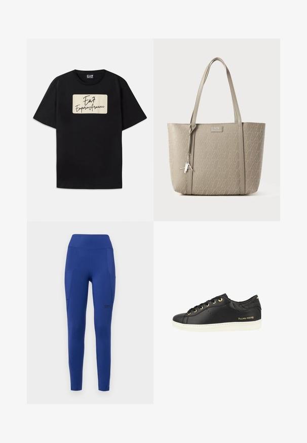 T-shirt en coton noir avec un logo de marque rectangulaire en couleur crème et un texte de style manuscrit. Manches courtes et coupe standard.; Leggings actifs bleu marine avec taille haute, poches latérales et une branding subtile. Fabriqués en tissu extensible et lisse avec une coupe ajustée.; Baskets en cuir noir avec œillets dorés, semelle en caoutchouc blanc, arrière texturé noir et détails perforés sur le côté. Logo de la marque présent.; Sac fourre-tout beige en matériau synthétique texturé, arborant un motif géométrique intégral, deux poignées et un accent avec un charme argenté.