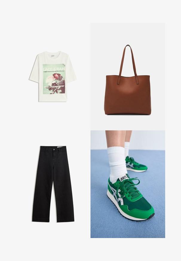 Fehér, rövid ujjú póló zöld és rózsaszín virágmintával, az elején 1998-as koncertturné időpontjait és helyszíneit soroló szöveggel.; Fekete, bő szabású farmernadrág magas derékkal, elülső és hátsó zsebekkel, varrott felületekkel és gombos záródással. Sima textúra.; Zöld hálós és szintetikus sportcipők fehér részletekkel és fekete gumi talppal. Fűzőkkel, párnázott bokarésszel és ASICS logóval a nyelvén rendelkezik.; Barna bőr vászontáska sima textúrával, nyitott tetejű dizájnnal és két vállpánttal. Minimális varrással és látható hardver nélkül készült.