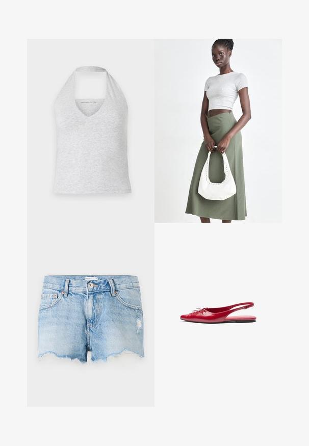 Sivá halter majica z globokim V-izrezom, izdelana iz mehke mešanice bombaža. Ima brezrokavni kroj in izrezano hrbtno stran za kroženje zraka.; Svjetloplave traper šortsice s poderanim rubom, dizajnom od pet džepova i suptilnim oštećenjem sprijeda. Metalni gumb za zatvaranje.; Rdeče usnjene balerinke s prstnim koncem in okrasnim vezanjem spredaj, opremljene s slim trakovi okoli gležnja in ravnim podplatom.; Sivina rebrasta kratka majica in olivno zelena krila z visokim pasom. Model drži belo torbico za na rame s izrezljanjem. Preprost dizajn, oprijet silhueta.