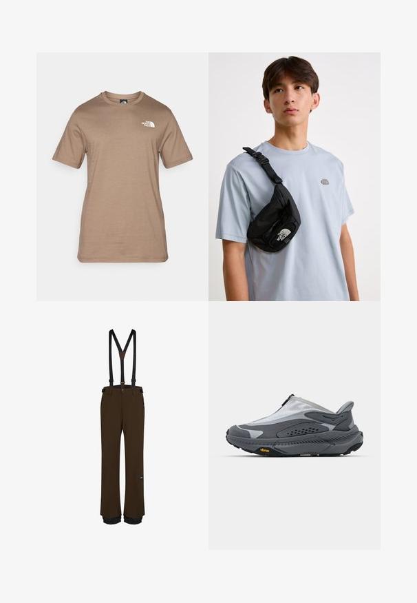 Korte mouwen, lichtbruin katoenen t-shirt met een klein wit logo op de borst. Klassieke ronde hals, gladde textuur en een standaard pasvorm.; Bruine snowboardbroek met verstelbare zwarte bretels, ritszakken, verstevigde zoom en een logo-patch op de bovenbeen.; Grijze sportieve schoen met een bovenwerk van mesh, ritssluiting en getextureerde overlays. Voorzien van een Vibram-buitenzool voor grip en duurzaamheid.; Zwarte nylon schoudertas met een verstelbare band, featuring een opvallend wit logo. Gedragen over een lichtblauw T-shirt. Eenvoudig, functioneel ontwerp.