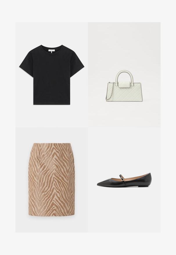 Melnā īsā krekla t-kreklu, kas izgatavots no kokvilnas, ar apaļu kakla izgriezumu, īsām piedurknēm un vienkāršu dizainu bez rakstiem vai rotājumiem.; Beige mini svārki ar teksturētu zebras svītru rakstu tumšākos toņos. Iezīmējas ar gludu apdari un pielāgotu dizainu ar priekšējiem krokām.; Melnas ādas baleta kurpes ar norādīto pirkstu un sānu siksniņu, kurai ir apaļš zelta akcents. Vieglas ar plakanu zoli.; Klāta balta soma ar strukturētu dizainu, augšējo rokturi, noņemamu ķēdes siksnu un izvirzītu logo uz sprādzes.