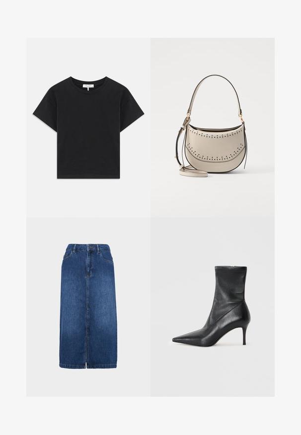 Melnā īsā krekla t-kreklu, kas izgatavots no kokvilnas, ar apaļu kakla izgriezumu, īsām piedurknēm un vienkāršu dizainu bez rakstiem vai rotājumiem.; Tumši zilas džinsa svārki ar taisnu griezumu, vidēja garuma, ar frontālo pogu aizdari un smalkiem šuvuma detaļām. Apakšdaļa ir nedaudz saplaisājusi.; Melna ādas potīšu zābaks ar smailu purngalu, šauru stiletto papēdi un cieši pieguļošu zeķes tipa augšdaļu. Gluda tekstūra ar minimālu šuvju detaļu.; Vanessa Bruno MINI DAILY BAG - Rokassoma - ivoire