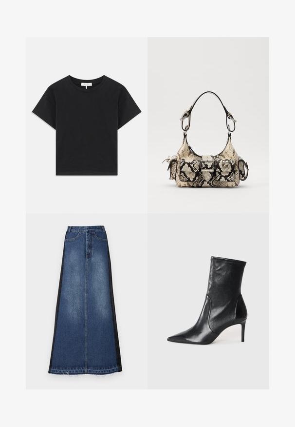 Črni skrajšan majica iz bombaža, z okroglim izrezom, kratkimi rokavi in preprostim dizajnom brez vzorcev ali okrasnih elementov.; Denim maksi krilo z modrim glavným delom in črnimi stranskimi paneli, naravnega kroja, raztrgano spodnje robu in klasičnim petim žepkom.; Črne gležnjarje iz gladke usnje, s koničastim nosom, oprijetim okovjem in ozkim visokim peto. Minimalističen dizajn brez vidnih kovinskih delov.; Python-ženska torba v bež in črni barvi, ki se ponaša z strukturirano obliko, podrobnostjo s sponko in dvema naramnicama. Teksturna površina.