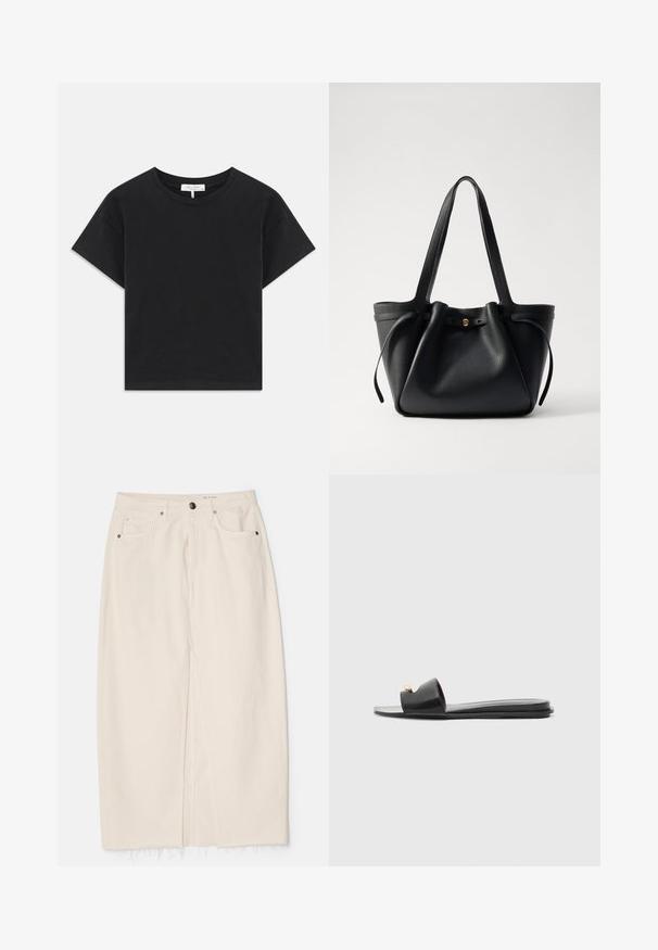 Čierny skrátený tričko vyrobené z bavlny, s okrúhlym výstrihom, krátkymi rukávmi a jednoduchým dizajnom bez vzorov alebo ozdôb.; rag & bone AVERY SKIRT - Denimová sukňa - ecru; Čierne šľapky s širokým zvrškom, hladkou koženou textúrou, otvorenou špičkou a zlatým akcentom na remienku. Ploché podrážky.; Čierna kožená taška na rameno s dvoma dlhými popruhmi, sťahovaným vrcholom a zlatým kruhovým akcentom. Hladký povrch s minimalistickým dizajnom.