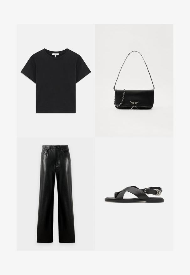 Black cropped t-shirt made of cotton, featuring a round neckline, short sleeves, and a simple design with no patterns or embellishments.; Black leather wide-leg pants with a smooth finish, featuring a button and zipper fly, front pockets, and contrast stitching details.; rag & bone GIA TOE LOOP - Sandals - black; Black leather handbag with a silver chain strap, featuring decorative wing accents and white stitching along the bottom seam.