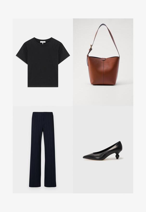 T-shirt noir cropped en coton, avec un col rond, des manches courtes et un design simple sans motifs ni embellissements.; Pantalon bleu marine à rayures fines avec une coupe droite, confectionné dans un tissu fin, présentant une texture lisse et sans fermetures visibles.; Chaussure à talon haut en cuir noir avec un bout pointu et un talon arrondi. Texture lisse avec un design épuré et minimal.; Sac à épaule en cuir marron avec une forme courbée, texture lisse et une seule sangle fine. Présente une couture subtile et un petit logo.
