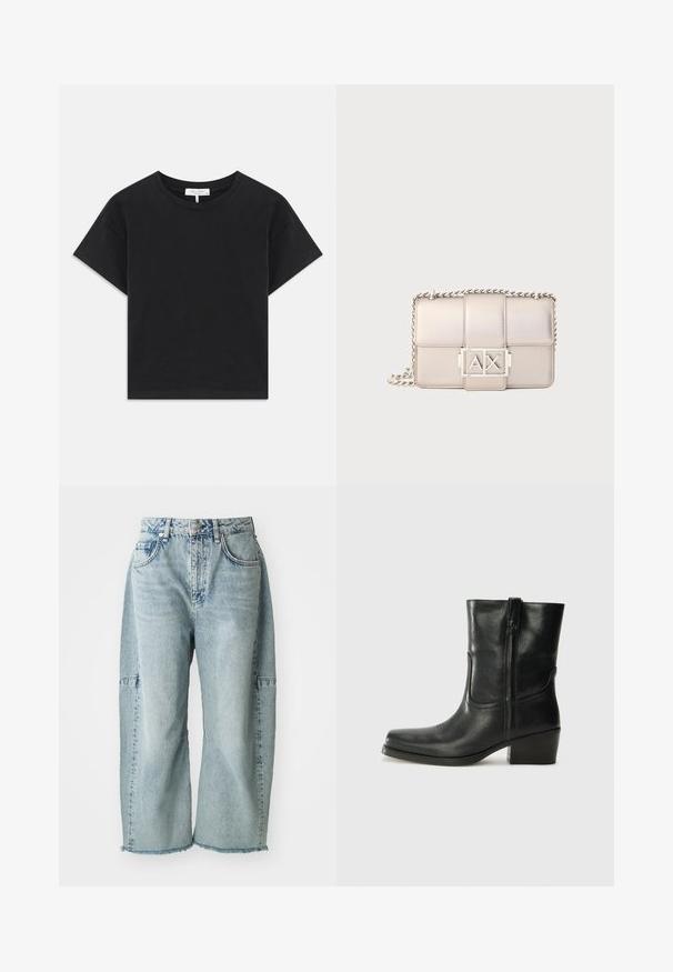 Black cropped t-shirt made of cotton, featuring a round neckline, short sleeves, and a simple design with no patterns or embellishments.; Light blue denim jeans feature a wide-leg design, frayed hems, and patchwork accents. Made from soft, textured cotton material.; Black leather ankle boot with a rounded toe, block heel, side zipper, and stitching accents on the vamp. Smooth texture, classic design.; Beige quilted leather handbag with a silver chain strap, featuring a rectangular shape and a prominent AX logo hardware detail.
