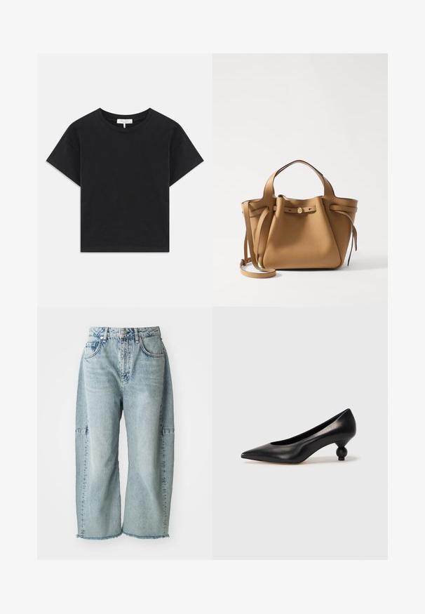 Tricou scurt negru din bumbac, cu un gât rotund, mâneci scurte și un design simplu, fără modele sau embellismente.; Jeans din denim de culoare albastru deschis prezintă un design cu picioare largi, margini desfăcute și accente de patchwork. Fabricate dintr-un material din bumbac moale și texturat.; Pantofii cu toc înalt din piele neagră, cu vârf ascuțit și toc rotund, mimos. Textură netedă, cu un design elegant și minimalist.; Tory Burch ROMY PEBBLED SATCHEL - Geantă de mână - tiramisu