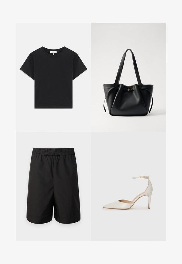 Fekete cropped póló, pamutból készült, kerek nyakú, rövid ujjú, egyszerű dizájnnal, minta vagy díszítés nélkül.; Fekete, könnyű anyagból készült rövidnadrág, rugalmas derékkal és egyszerű, egyenes szabással. Nincsenek látható zsebek vagy minták.; Fehér bőr, magassarkú cipő hegyes orral, bokapánttal és vékony tűs sarkal. Simaszövet, finom fényes felülettel.; Fekete bőrtáska két hosszú pánttal, összehúzott tetejével és arany kör alakú díszítéssel. Sima felület, minimalista design.