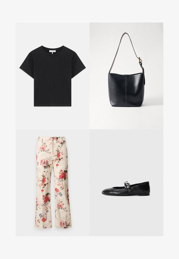 Czarny krótki t-shirt wykonany z bawełny, z okrągłym dekoltem, krótkimi rękawami oraz prostym wzorem bez nadruków i ozdób.; WEEKEND MaxMara CADMIO biały; Czarne skórzane baletki z wąskim noskiem, z paskiem z okrągłą metalową klamrą i płaską podeszwą.; Czarna skórzana torba na ramię o gładkiej teksturze, z cienkim, długim paskiem i subtelnym przeszyciem na środku.