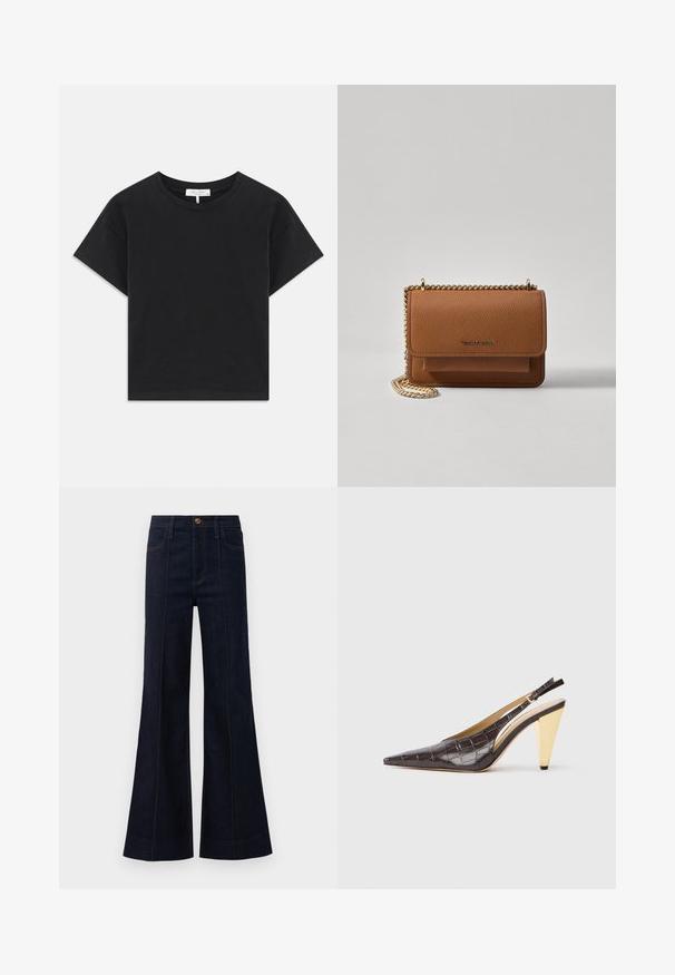 Črni skrajšan majica iz bombaža, z okroglim izrezom, kratkimi rokavi in preprostim dizajnom brez vzorcev ali okrasnih elementov.; Temno modri traper hlače s širokimi hlačnicami in visokim pasom, sprednjimi žepi ter vidnimi šivi. Tkanina ima gladko teksturo in strukturirano obliko.; Slingback peto s koničastim nosom, v temno rjavi sijoči umetni krokodilji usnjeni različici. Ima zlate geometrijske pete in nastavljiv ankel trak.; Rjava teksturirana usnjena torba čez ramo z zlatim verižnim trakom in zapiranjem na pokrov. Spredaj je vidna podrobnost logotipa in žep pod pokrovom.