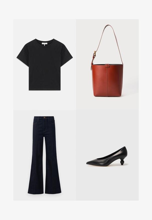 Sort cropped t-shirt lavet af bomuld, med rund halsudskæring, korte ærmer og et enkelt design uden mønstre eller pynt.; Mørkeblå denim flared jeans med høj talje, frontlommer og synlige sømme. Stoffet har en glat tekstur og en struktureret form.; Sort læder høje hæle med spids tå og rund, kugleformet hæl. Glat tekstur med et stilrent, minimalistisk design.; Brun læderspandtaske med justerbar skulderrem og guldfarvet spænde, enkel lodret sømdetalje foran.