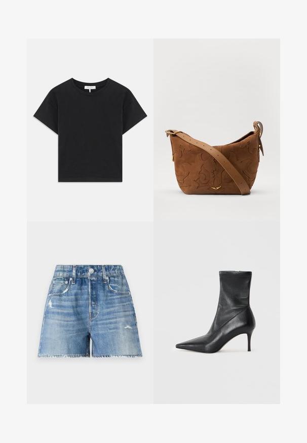 Black cropped t-shirt made of cotton, featuring a round neckline, short sleeves, and a simple design with no patterns or embellishments.; Denim shorts in light blue wash with distressed detail, five pockets, and frayed hem. Features a button closure and belt loops.; Black leather ankle boot with a pointed toe, slim stiletto heel, and snug sock-like upper. Smooth texture with minimal stitching detail.; Brown suede shoulder bag with embossed floral design, complemented by a smooth brown leather strap and gold-tone hardware accent.