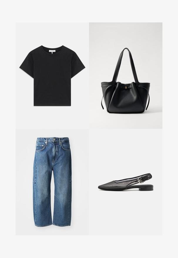 Fekete cropped póló, pamutból készült, kerek nyakú, rövid ujjú, egyszerű dizájnnal, minta vagy díszítés nélkül.; Kék farmernadrág, laza, széles lábakkal, elülső zsebekkel, gombos és cipzáras záródással, valamint enyhe kopással a térdnél.; rag & bone ASTRA SLINGBACK - Sarokpántos balerina cipők - black; Fekete bőrtáska két hosszú pánttal, összehúzott tetejével és arany kör alakú díszítéssel. Sima felület, minimalista design.