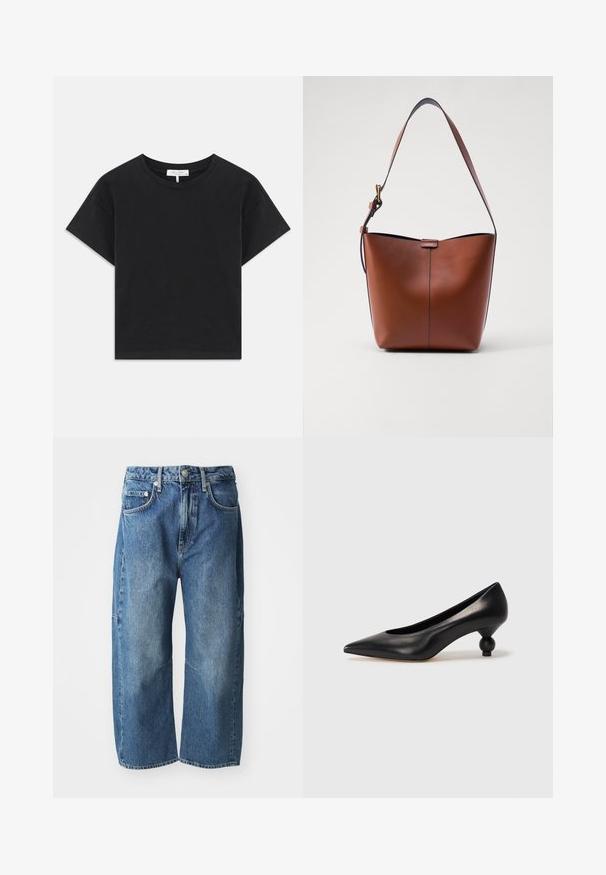 T-shirt nera a maniche corte in cotone, con scollatura rotonda e un design semplice senza motivi o decorazioni.; Jeans in denim blu con un design ampio e a gamba larga, dotati di tasche anteriori, chiusura con bottone e cerniera, e leggere sfumature sulle ginocchia.; Scarpa con tacco alto in pelle nera, con punta affilata e tacco arrotondato e bombato. Texture liscia con un design elegante e minimalista.; Borsa a spalla in pelle marrone con forma curvata, texture liscia e una sottile tracolla. Presenta una cucitura discreta e un piccolo dettaglio con logo.