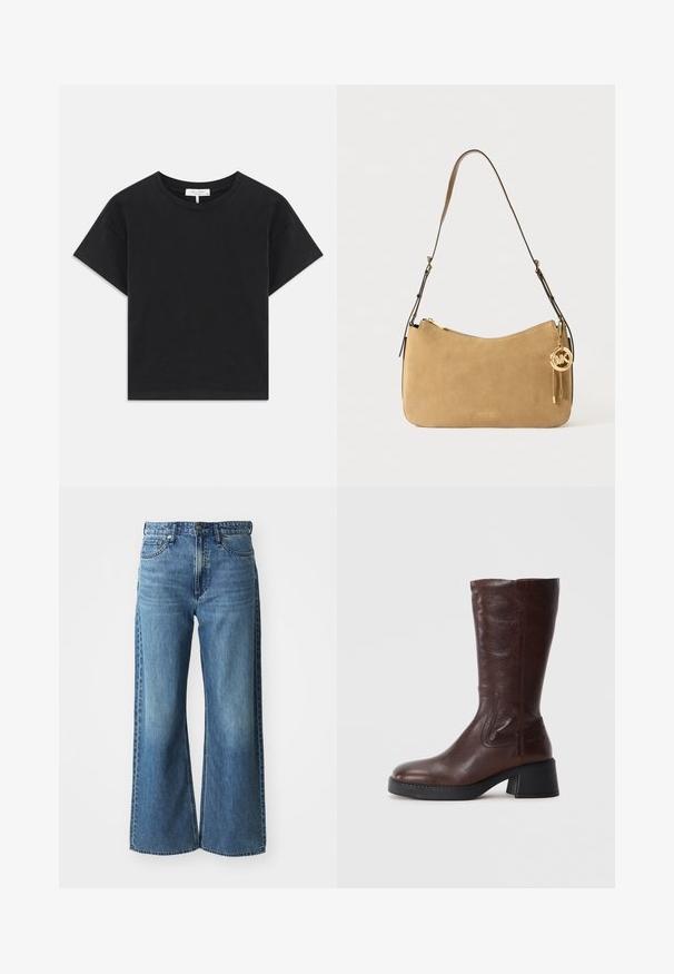 T-shirt noir cropped en coton, avec un col rond, des manches courtes et un design simple sans motifs ni embellissements.; Jean en denim bleu à jambes larges avec une taille mi-haute, cinq poches et un léger dégradé. Caractéristiques : passants de ceinture et détails cousus.; Bottes en cuir marron à hauteur de genou avec une finition texturée, bout carré et un petit talon carré. Présente des coutures latérales et un haut légèrement évasé.; Sac à épaule en suède beige avec une forme courbée, quincaillerie dorée et fermeture éclair. Possède un charm attaché avec les initiales "MK".
