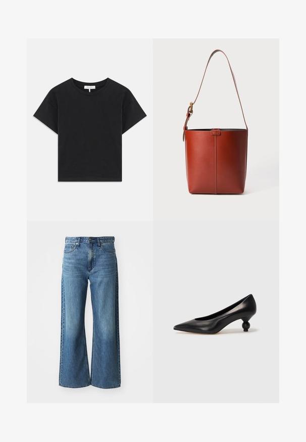 Black cropped t-shirt made of cotton, featuring a round neckline, short sleeves, and a simple design with no patterns or embellishments.; Wide-leg blue denim jeans with a mid-rise waistband, five pockets, and subtle fading. Features include belt loops and stitched detailing.; Black leather high heel shoe with a pointed toe and a round, balled heel. Smooth texture with a sleek, minimal design.; Brown leather bucket bag with adjustable shoulder strap and gold-tone buckle, simple vertical seam detail on front.