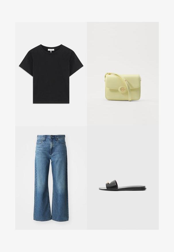 Černé zkrácené tričko vyrobené z bavlny, s kulatým výstřihem, krátkými rukávy a jednoduchým designem bez vzorů nebo ozdob.; Modré džíny s širokými nohavicemi, středně vysokým pasem, pěti kapsami a jemným vyblednutím. Obsahují poutka na pásek a šité detaily.; Černé skluzné sandály se širokým svrškem, hladkým koženým povrchem, otevřenou špičkou a zlatým akcentem na popruhu. Plochá podrážka.; Tory Burch ROBINSON SHOULDER BAG - Kabelka - lemon