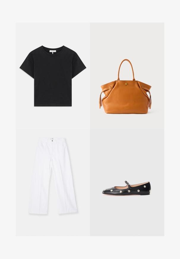 Black cropped t-shirt made of cotton, featuring a round neckline, short sleeves, and a simple design with no patterns or embellishments.; FRAME BAGGY PALAZZO - Wide Leg - white; Black leather Mary Jane flat shoe with a rounded toe, featuring silver circular studs and an adjustable strap with a buckle.; Tan leather tote bag with two sturdy handles, a top zip closure, and side accents. Features a textured surface and a gold emblem at the front.