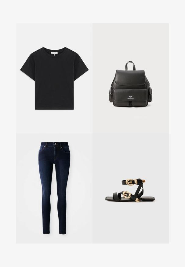 Svart kortärmad t-shirt i bomull med rund halsringning, korta ärmar och en enkel design utan mönster eller dekorationer.; Mörkblå smala jeans i denim med hög midja, femficksdesign och sömdetaljer på fickor och midjeband.; Svarta lädersandaler med guldspännen, med flera remmar och platt såldesign för öppna tår.; Svart läderryggsäck med lockstängning, framficka, sidofickor med dragkedja och ett handtag på toppen. Har logotypdetaljer på framsidan.