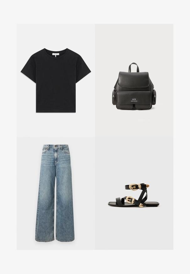 T-shirt nera a maniche corte in cotone, con scollatura rotonda e un design semplice senza motivi o decorazioni.; Jeans a gamba larga azzurri chiaro in denim, con vita alta, texture scolorita, design a cinque tasche e cuciture a contrasto.; Sandali neri in pelle con dettagli in oro, caratterizzati da più cinghie e una suola piatta per un design open-toe.; Zaino in pelle nera con chiusura a pattina, tasca frontale, scomparti laterali con cerniera e manico superiore. Presenta dettagli con logo sul fronte.