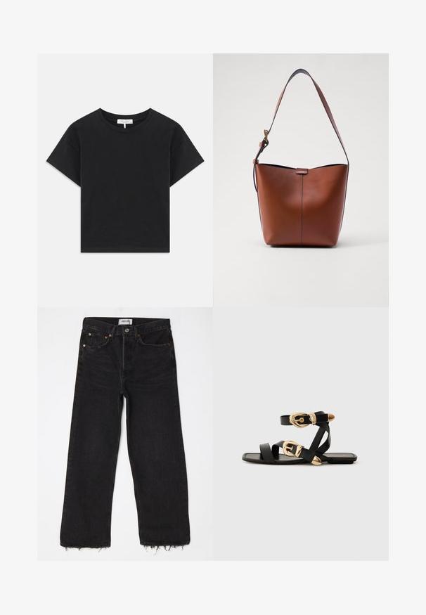 Černé zkrácené tričko vyrobené z bavlny, s kulatým výstřihem, krátkými rukávy a jednoduchým designem bez vzorů nebo ozdob.; Černé zvonové džíny s vysokým pasem a potrhaným lemem, pěti kapsami a kovovým zapínáním. Vyrobeno z džínoviny s mírnou texturou.; Černé kožené sandály s pozlacenými přezkami, s vícero popruhy a plochou podrážkou pro nošení s otevřenou špičkou.; Hnědá kožená taška přes rameno s zakřiveným tvarem, hladkou texturou a jedním tenkým popruhem. Obsahuje jemný šev a malý detail loga.