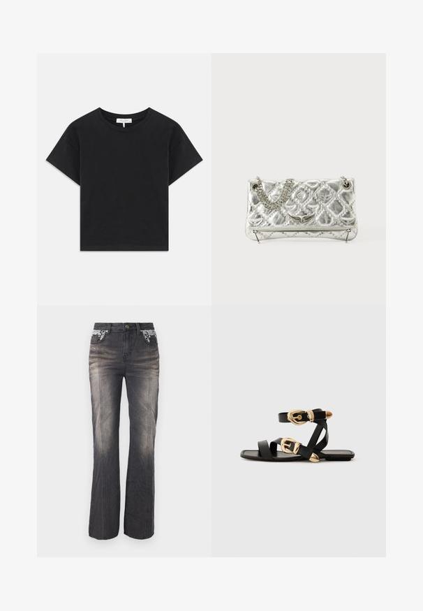 Tricou scurt negru din bumbac, cu un gât rotund, mâneci scurte și un design simplu, fără modele sau embellismente.; Blugi din denim negru cu un design pe picior drept, având detalii din dantelă pe buzunare și o ușoară decolorare. Accesoriile includ nasture metalic și nituri.; Sandale din piele neagră cu accente aurii pe catarame, având mai multe curele și un design cu talpă plată pentru purtare cu degetele la vedere.; Geantă de umăr argintie din metal, cu mânere din lanț, textură matlasată, cusături decorative și închidere cu fermoar. Are accente embossate pe față.