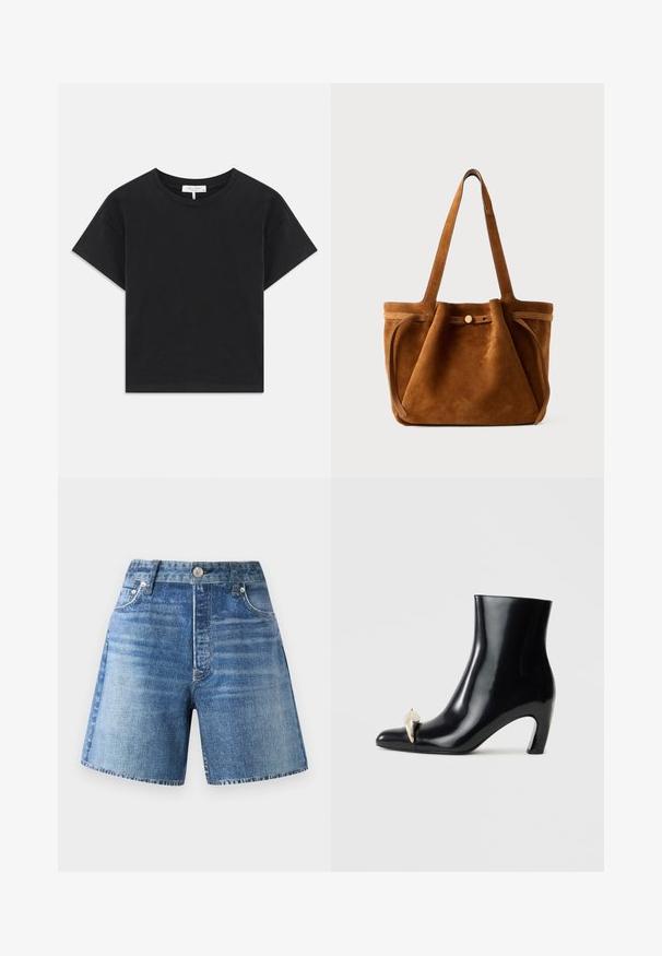 Črni skrajšan majica iz bombaža, z okroglim izrezom, kratkimi rokavi in preprostim dizajnom brez vzorcev ali okrasnih elementov.; Denim kratke hlače v svetlo modri pranjeni barvi z visokim pasom, petimi žepi in gumbom za zapiranje, z bledim izgledom in surovim robom.; Črne gležnjarje iz sijajnega usnja, s koničastim nosom in dekorativnim zlatim ter srebrnim detajlom spredaj. Oblika bloka pete.; Rjava nubuk torba za ramena z dvema ročajema, z loputo na gumb in sproščenim, rahlo ohlapnim oblikovanjem.