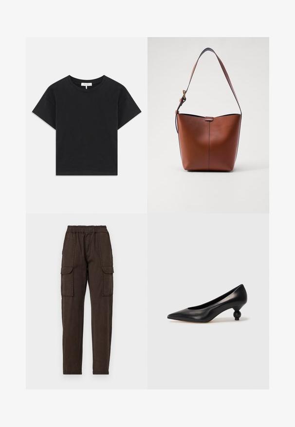 Black cropped t-shirt made of cotton, featuring a round neckline, short sleeves, and a simple design with no patterns or embellishments.; Brown cargo pants with an elastic waistband, two large front pockets, and a tapered leg design. Made of lightweight fabric with a matte texture.; Black leather high heel shoe with a pointed toe and a round, balled heel. Smooth texture with a sleek, minimal design.; Brown leather shoulder bag with a curved shape, smooth texture, and a single thin strap. Features a subtle seam and a small logo detail.