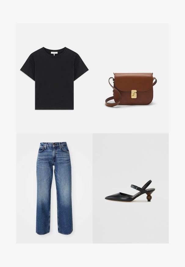 Mustat lyhyet hihat ja pyöreä pääntie, yksinkertainen muotoilu ilman kuvioita tai koristeita, valmistettu puuvillasta.; Vaaleansiniset farkut rentoa mitoitusta, joissa on korkea vyötärö, suorat lahkeet ja hienovarainen haalistuminen. Valmistettu denimestä, jossa on näkyvät ompeleet ja varusteet.; Musta nahkainen slingback-kengät, joissa on terävä nenä, kaareva muotoilu ja pyöreä puumainen korko. Sisältää kapean nilkkahihnan.; Ruskea nahkainen käsilaukku, jossa on läppäkiinnitys, kultasävyiset yksityiskohdat, olkahihna ja sileä pinta. Kompaktin suorakaiteen muotoinen.