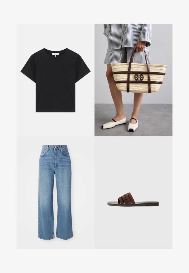 Black cropped t-shirt made of cotton, featuring a round neckline, short sleeves, and a simple design with no patterns or embellishments.; Light blue denim jeans with a high waist, wide legs, and raw hem. Features traditional five-pocket design and silver-tone button closure.; Brown suede slide sandal with three wide upper straps and a flat sole. Features a minimalist design and smooth texture. No embellishments.; Woven straw tote bag with brown leather accents and handles. Features a cutout logo and contrasting horizontal bands.