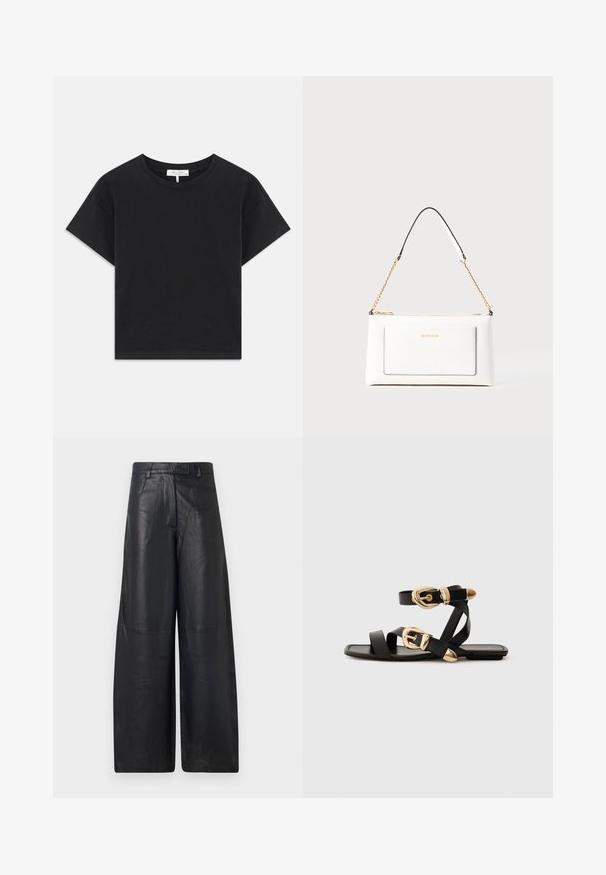 Črni skrajšan majica iz bombaža, z okroglim izrezom, kratkimi rokavi in preprostim dizajnom brez vzorcev ali okrasnih elementov.; Črne usnjene hlače širokega kroja z gladko teksturo, ki imajo strukturiran pas in subtilne šive.; Črne usnjene sandale z zlatimi zaponkami, ki imajo več trakov in ravno podplati za nošenje brez prstov.; Bela usnjena torbica z teksturirano površino, ki vključuje zlat pas in črne detajle. Ima sprednji žep in zadrgo.
