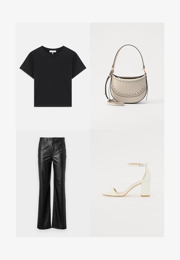 Camiseta negra corta de algodón, con escote redondo, mangas cortas y un diseño simple sin patrones ni adornos.; Pantalones de piel negra con un diseño de pierna recta, que cuentan con cierre de botón, trabillas para el cinturón y bolsillos frontales. Textura suave y detalles mínimos.; Sandalía de tacón bloque blanca de piel, con una correa en el tobillo que presenta una hebilla y un diseño minimalista. Punta abierta y texturas suaves en toda la superficie.; Vanessa Bruno MINI DAILY BAG - Bolso de mano - ivoire